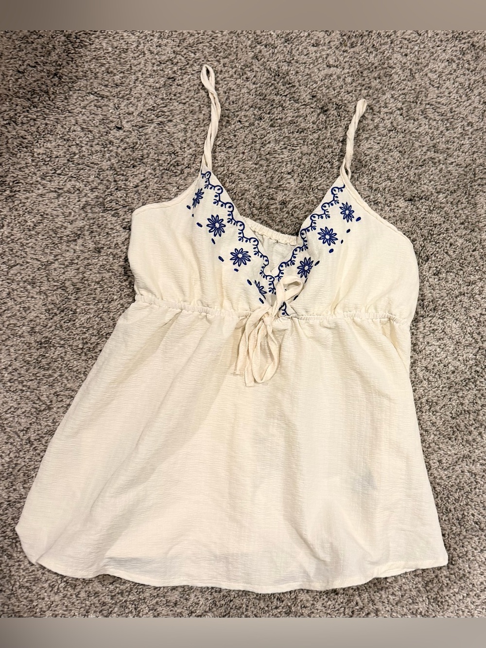 Cream Spaghetti Strap Embroidered V-Neck Tank Top
